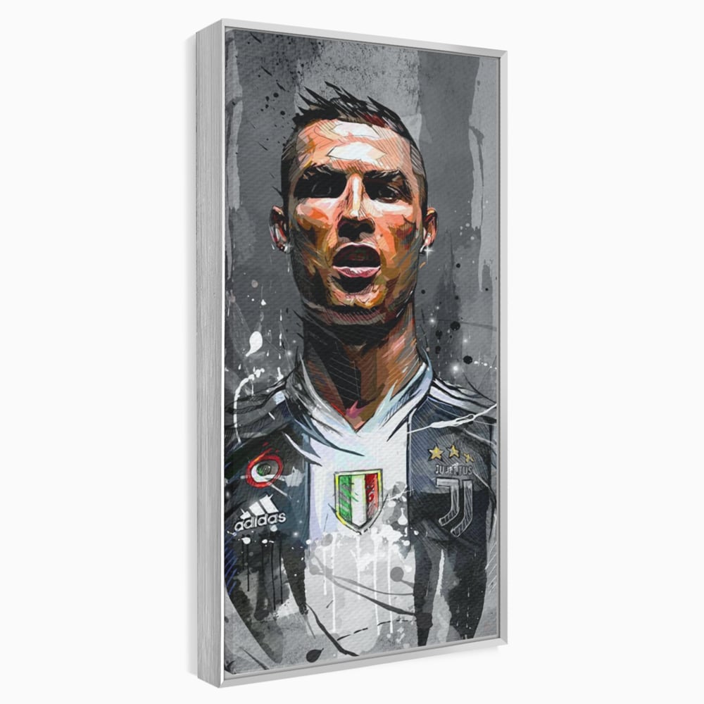 Tablou canvas cu tablou portret cristiano ronaldo juventus, in rama de aluminiu argintiu